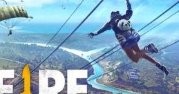 A player in Garena Free Fire uses a zipline over a scenic landscape, embodying the game's survival challenge.