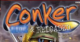 Cover art for "Conker: Live and Reloaded" featuring Conker in military gear, highlighting Xbox’s online gameplay.