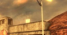 Deserted building at Black Mesa, with a streetlamp and rocky landscape under a dramatic sky. Elements of isolation and decay.