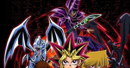 Iconic characters from Yu-Gi-Oh! featuring Yugi, Kaiba, and their legendary monsters set against a mystical backdrop.