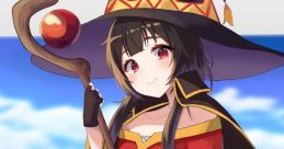 Megumin, the explosive mage from Konosuba, showcasing her iconic outfit and staff against a scenic background.