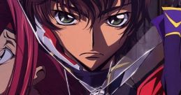 Characters from Code Geass convey intensity, featuring Lelouch and others amidst dramatic shattered glass imagery.