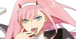 Zero Two, a pink-haired character in a red outfit, poses confidently with a playful expression and striking blue eyes.