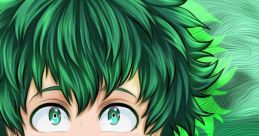 Deku smiles confidently, showcasing his signature green hair and determined expression against a vibrant green background.