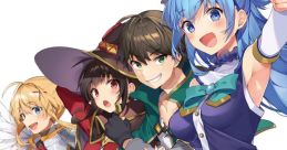 KonoSuba characters posing together with vibrant expressions, showcasing their unique outfits and playful camaraderie.