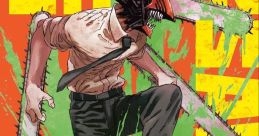 Chainsaw Man battles zombies with a chainsaw, showcasing intense action and vibrant manga art by Tatsuki Fujimoto.