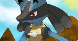 Lucario stands confidently in a vibrant landscape, showcasing its unique blue and black design against a sunny backdrop.