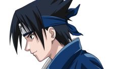 Uchiha Sasuke in a blue outfit, side profile, featuring iconic spiky hair and forehead protector, displaying his serious demeanor.