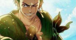 Zoro with green hair, wielding a sword, showcasing his fierce expression and samurai spirit in a dynamic pose.