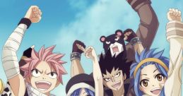 Natsu, Gray, Erza, Wendy, and Gajeel from Fairy Tail celebrate together, showcasing friendship and determination in their adventure.