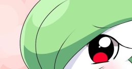 Cute Gardevoir character featuring green hair and a playful expression against a soft pink background.