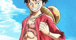 Luffy, the adventurous pirate with a straw hat, smiles confidently against a vibrant ocean backdrop.