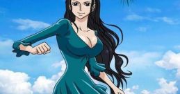 Nico Robin joyfully runs along the beach in a stylish teal dress, with waves and palm trees in the backdrop.