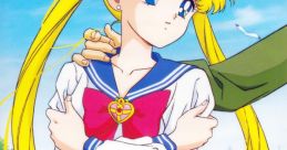 Usagi Tsukino in a school uniform, with long blonde hair, expresses a thoughtful pose against a scenic backdrop.