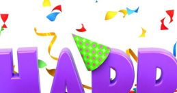 Colorful "Happy Birthday" letters with festive confetti and a party hat, perfect for birthday celebrations and invitations.