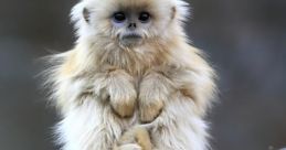 Fluffy baby monkey sitting cutely on a branch, showcasing adorable features and playful demeanor. Perfect for animal lovers.