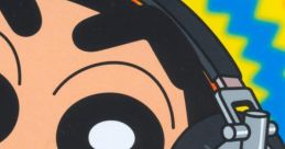 Shinchan wearing headphones, enjoying music amidst a vibrant, colorful background with musical notes.