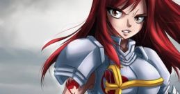 Erza Scarlet in armor striking a powerful pose, showcasing her strength and fierce determination in a fantasy setting.