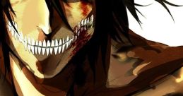 Eren Yeager transforms with a menacing grin, showcasing intense emotions and battle scars in this powerful artwork.