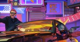 Vibrant cyberpunk scene featuring armed characters in a retro car, neon lights, and a bustling cityscape backdrop.