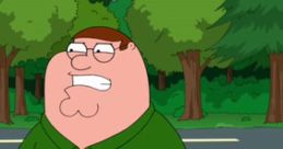 Peter Griffin (Classic, Version 2.0) sitting outdoors, wearing a green shirt, with a frustrated expression amid trees.