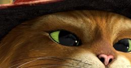 Close-up of El Gato con Botas with a charming hat, showcasing his captivating green eyes and playful expression.