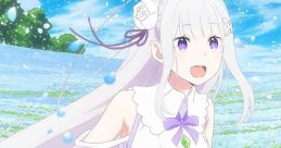 Anime character in a field of flowers, joyfully enjoying a sunny day, featuring long white hair and a purple dress.