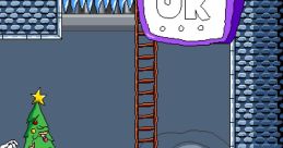 Ladder and Christmas tree in a snowy Pizza Tower level, featuring a playful scene with bones and ice blocks below.