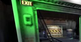 Green-lit exit sign in Half-Life (1998) Black Mesa facility, showcasing industrial environment and sci-fi aesthetics.