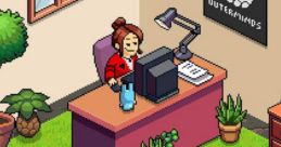 A character in PewDiePie's Tuber Simulator working at a desk with plants and a pet cat nearby. Fun pixel art design!