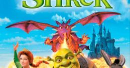 Shrek, Fiona, and Donkey running, with a dragon and castle in the background, capturing the essence of "Shrek" en español.