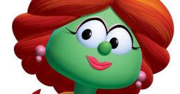 Petunia Rhubarb with vibrant red hair and green skin, wearing a yellow coat, showcases a cheerful cartoon character style.