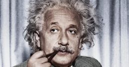 Albert Einstein in a gray suit, pondering with a pipe, showcasing his iconic hairstyle and thoughtful demeanor.