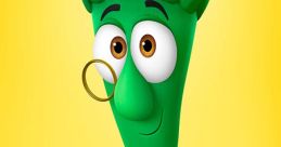 Cheerful Archibald Asparagus, a character from VeggieTales, featuring a bow tie and glasses against a bright yellow background.