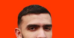 Portrait of Mehdi Hadjeris wearing a dark Nike sweatshirt against a vibrant orange background.