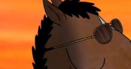 BoJack Horseman in sunglasses against a sunset, showcasing his iconic, moody character style from the animated series.