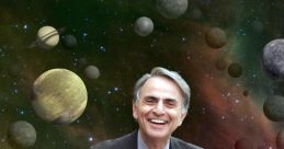 Carl Sagan smiling in a cosmic backdrop with planets, representing his contributions to astronomy and science communication.