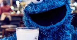 Cookie Monster enjoys cookies and milk at a cozy cafe, showcasing his iconic blue fur and cheerful expression.