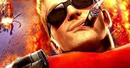 Duke Nukem in bold colors, sunglasses, and cigar, exuding confidence amid explosions and action-packed chaos.