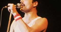 Freddie Mercury passionately performing on stage, wearing a unique outfit with an eye-catching arrow design.