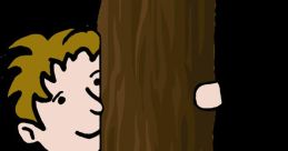 Young boy playfully peeking from behind a large tree, showcasing fun and curiosity in a whimsical cartoon style.