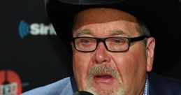 Jim Ross speaking passionately into a microphone, wearing a cowboy hat and a blue blazer, showcasing his iconic wrestling persona.