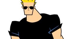 Johnny Bravo striking a pose, showcasing his signature blonde hair, sunglasses, and muscular build in casual attire.