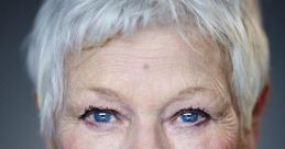 Close-up portrait of Judi Dench showcasing her striking blue eyes and distinctive short hairstyle, exuding timeless elegance.