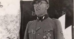 Uniformed officer at a historical rally displaying military decorations and insignia, representing the SS and World War II era.