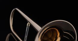 Shiny brass trombone with a reflective surface, showcasing its elegant design against a black background.