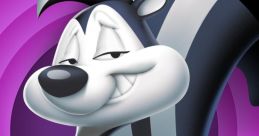 Pepe Le Pew, the charming cartoon skunk, winks playfully with a confident smile on a vibrant purple background.