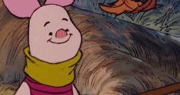 Cheerful Piglet, voiced by John Fiedler, joyfully explores the Hundred Acre Wood with a stick in hand.