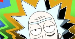 Rick Sanchez with wild spiky hair and lab coat, against a colorful, abstract background, showcasing his iconic look.