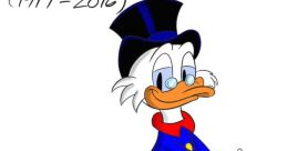 Scrooge McDuck, voiced by Alan Young, in classic blue and red attire with a cane, celebrating his legacy.